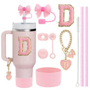 Conjunto de 10 Acessórios para Copo Stanley, 2 Canudos e Escova e 1 Corrente com Pingente de Flor, 3 Tampas à Prova de Vazamento, Flores, Capa de Canudo e Bico