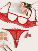 Conjunto de 2 peças Mostrando Seios, Tela de Cor Sólida, Conjunto de Lingerie Sexy Transparente