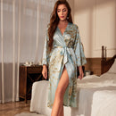 Robe com Cinto e Estampa de Cereja Pequena Sexy de Cetim Elegante para Lazer Quatro Estações Respirável Pijama Feminino