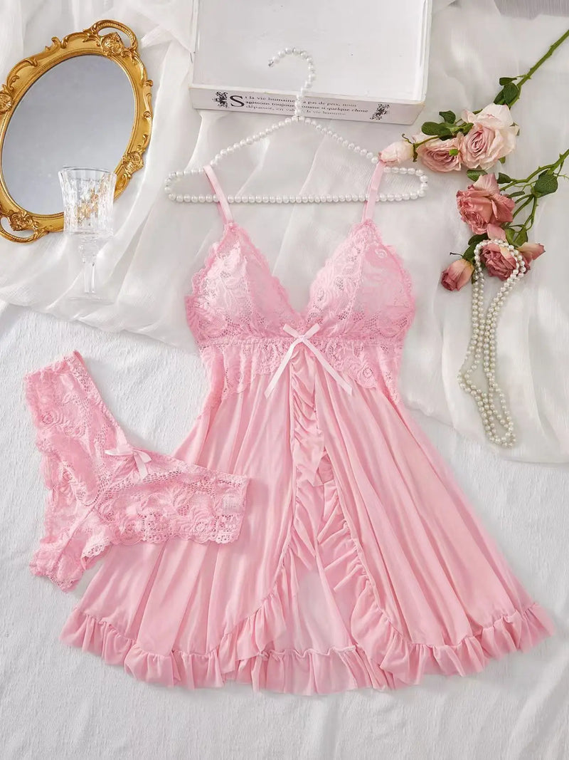 Sexy Female Adult Transparent Red Lingerie Women Underwear Sleepwear Lace Babydoll Dress Panties Pijamas Set Adult Female Nighty
