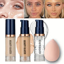 Conjunto de Maquiagem Facial BEAUTY GLAZED 3 Peças, Base Líquida Fosca à Prova d'Água de Longa Duração + Primer + Esponja