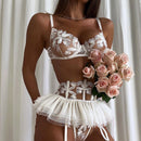 Conjunto de Lingerie Feminina Sexy Sutiã Push Up com Tiras Bordadas em Tule Transparente Conjunto de Lingerie com Calcinha e Sutiã 3 Peças