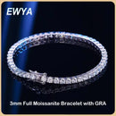 Pulseira EWYA em Prata Esterlina 925 com Moissanita 0,1ct 3mm D VVS1 Diamante com GRA para Mulheres, Brilhante, Festa de Casamento, Joia Fina