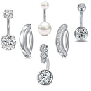 Conjunto com 6 peças de Anéis de Umbigo com Pérola Falsa e Barra Invertida, em Aço Inoxidável, Flor Curvada com Zircônia, Joia para Piercing de Umbigo