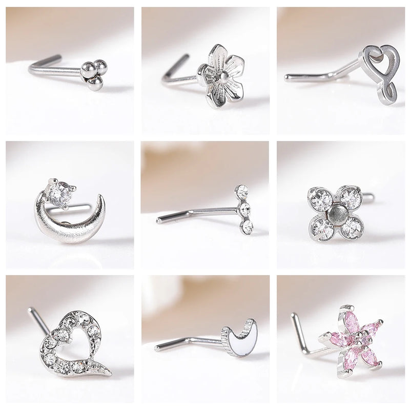 1PC Joia de Piercing de Nariz de Cobre para Mulheres Stud de Cristal com Flor, Olho, Opala, Coração e Lua Piercings Corporais