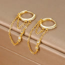 Brincos Longos com Duas Correntes e Pingente de Tassel  Aço Inoxidável Coreano com Zircônia, para Piercing