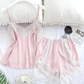 Conjunto de Pijama Feminino Sexy com Patchwork e Renda, Respirável com Alças Finas