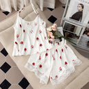 Pijamas Femininos 2024 Nova Estampa Floral Sexy, Roupas de Dormir com Decote em V de Renda em Seda Gelada