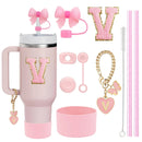 Conjunto de 10 Acessórios para Copo Stanley, 2 Canudos e Escova e 1 Corrente com Pingente de Flor, 3 Tampas à Prova de Vazamento, Flores, Capa de Canudo e Bico