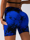 Calças de Fitness Femininas Sem Costura Tie Dye, Shorts Curtos Esportivos de Cintura Alta e Elevação de Quadril, Shorts Justo Sexy com Estampa de Pêssego