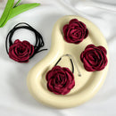 Conjunto de Joias Feminino Romântico Kpop com Grande Flor Vermelha, Colar de Corrente para Clavícula, Pulseira e Brincos de Pino, Gargantilha Ajustável Estilo Gótico Y2K