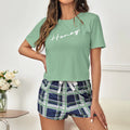Conjunto de Pijama Feminino Macios e Confortáveis com Estampa de Letras e Xadrez Pijamas de Manga Curta com Shorts