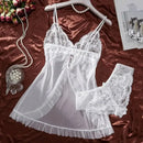 Conjunto de Camisola Ultra Sexy de Tule com Sutiã Decote V e Saia Aberta  Transparente Lingerie Kit de Luxo