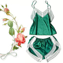 Conjunto de Pijama Feminino Sexy com Patchwork e Renda, Respirável com Alças Finas
