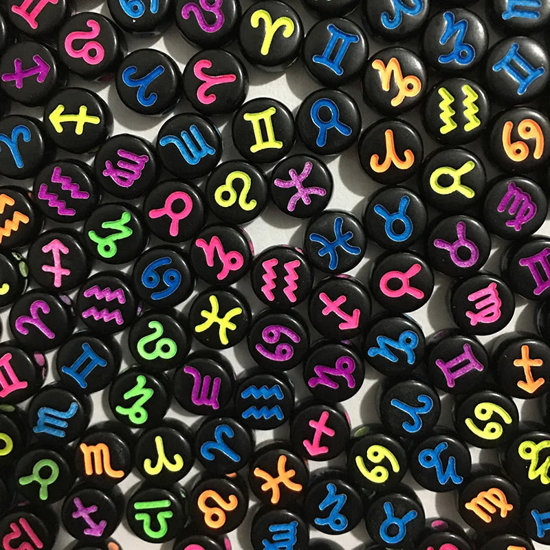 100 Peças 4*7mm Contas Redondas Sortidas de Signos do Zodíaco, Pingentes Espaçadores Soltos para Confecção de Joias e Acessórios de Pulseira DIY