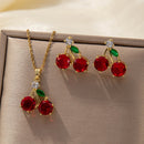 Conjunto de Joias com Colar e Brincos de Pingente de Fruta Cereja de Zircão Vermelho para Mulheres, Nova Tendência, Corrente para Clavícula, Presente