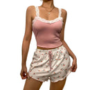 Conjunto de Pijama Feminino com Renda, Patchwork, Decote V, Pijamas Sensuais, Camiseta de Alcinha, Shorts Estampados, Pijamas Macios