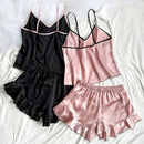 Pijama Feminino de Cetim Liso com Decote V, Borda com Babados e Shorts com Laço, Conjunto de Pijama Simples e Respirável, com Alças