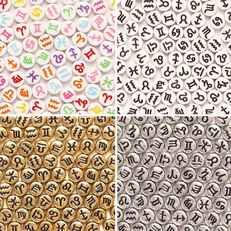 100 Peças 4*7mm Contas Redondas Sortidas de Signos do Zodíaco, Pingentes Espaçadores Soltos para Confecção de Joias e Acessórios de Pulseira DIY