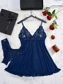 Conjunto de Camisola Ultra Sexy de Tule com Sutiã Decote V e Saia Aberta  Transparente Lingerie Kit de Luxo