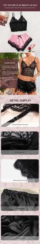 Conjunto de Pijama Feminino Sexy de 2 Peças em Renda com Top Cami Transparente e Shorts, Respirável, Lingerie de Verão Plus Size