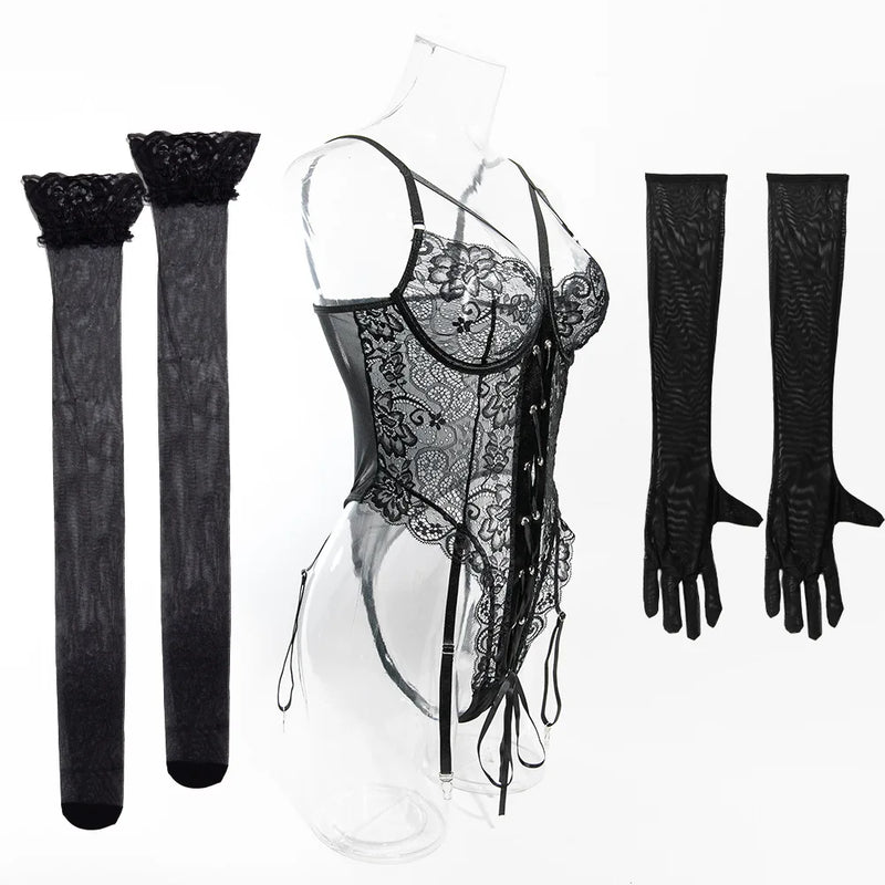 Roupas Íntimas Sexy Femininas Conjuntos de Lingerie em Renda Malha Exótica Body Transparente Luvas Meias de Seda Conjunto Roupas Adulto