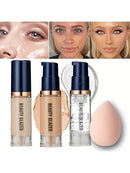 Conjunto de Maquiagem Facial BEAUTY GLAZED 3 Peças, Base Líquida Fosca à Prova d'Água de Longa Duração + Primer + Esponja